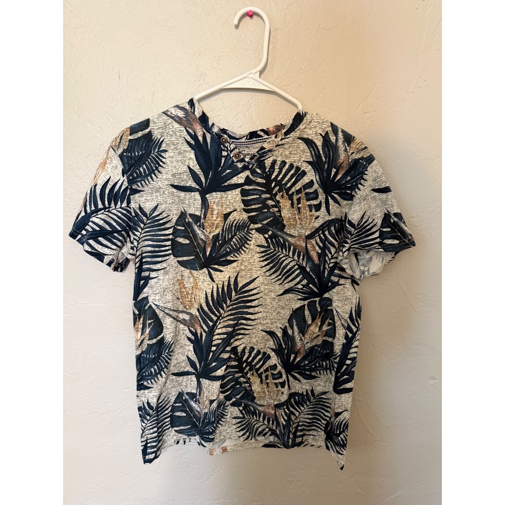 Voyage Mens Tropical Palm Henley T-Shirt Grey Navy Floral Short Sleeve Medium